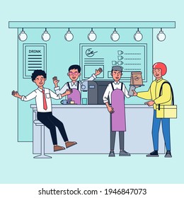A young man opens a small coffee shop. Selling coffee and cake It is a barista and runs the shop alone. The business is growing with frequent customers and delivery. flat illustration vector design