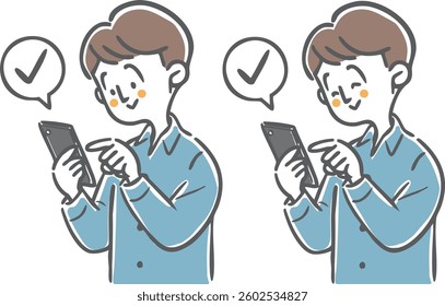 Young man operating a smartphone, upper body, vector