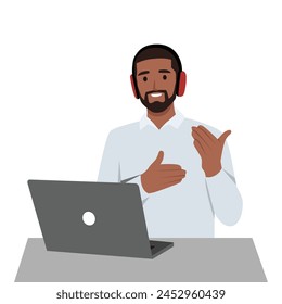 Young man operator of call center office consulting a client. Online customer service concept. Flat vector illustration isolated on white background