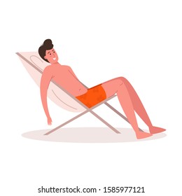 The young man in orange shorts sits on the chaise-longue chair and relaxing. Vector colorful illustration in cartoon style