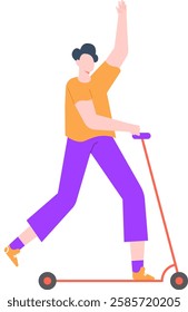 Young man with an orange t shirt and purple trousers is riding a kick scooter while waving with one hand, isolated vector illustration on white background