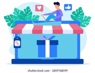 Young man order goods via digital. Online Delivery Service Web Banner Template. Smartphone with Mobile App for Shipment Tracking. Intelligent Logistics Concept. Flat Isometric Vector Illustration.