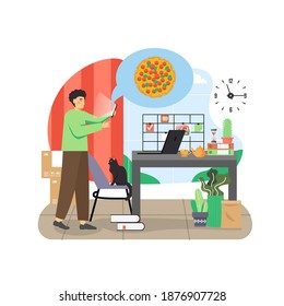 Junge Mann, der Pizza online bestellt, mit Handy, flache Vektorgrafik. Schnelle Pizza-Lieferung online Service. E-Commerce.
