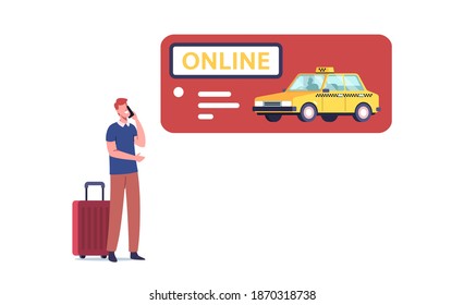 Joven ordenando a conductor de taxi usando aplicación móvil en línea en Smartphone. Personaje del cliente esperando el coche con el equipaje en manos. Pedido automático de aplicación inteligente por teléfono móvil. Ilustración del vector de dibujos animados