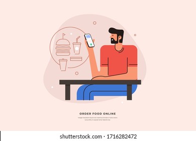 Young man orders food through a modern application in a smartphone vector illustration. Purchase and payment of fast food in a mobile phone. Online store and home delivery.