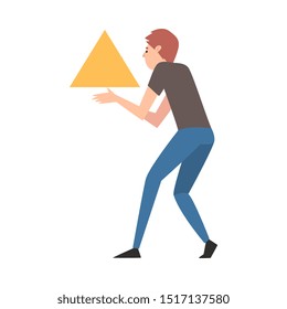 Young Man Organizing Abstract Triangular Geometric Shape Vector Illustration