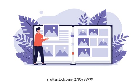 Young man organizing his digital memory collection by placing a mountain landscape picture into a giant family photo album.