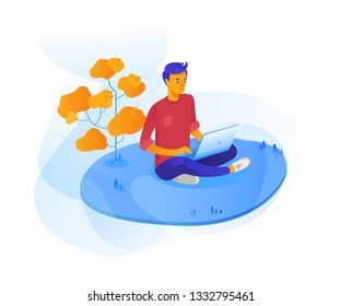 Young man outdoor with laptop vector illustration. Male model sitting on grass cartoon character. Guy using PC for study, work, leisure flat drawing. Freelance, remote job, studying design element