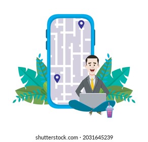 Young man outdoor sitting and checking routes and location. Using mobile and computer application with map .