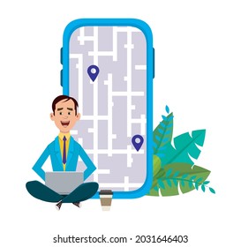 Jóvenes sentados al aire libre o revisando rutas y ubicación. Uso de aplicaciones informáticas y móviles con mapa .