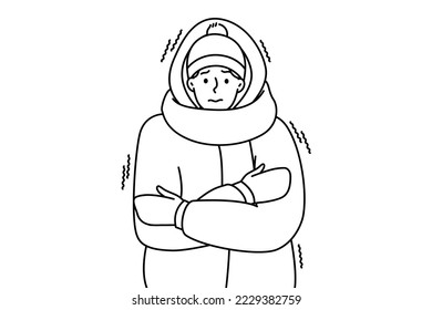 Young man in outerwear feeling cold and freezing outdoors. Unhappy frozen guy in jacket suffer during cold days in winter. Vector illustration. 