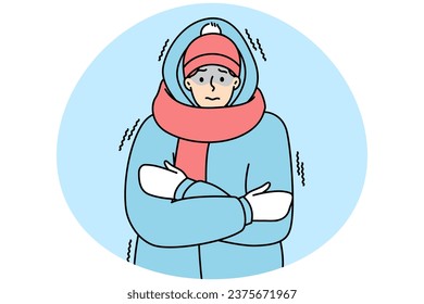 Young man in outerwear feeling cold and freezing outdoors. Unhappy frozen guy in jacket suffer during cold days in winter. Vector illustration.