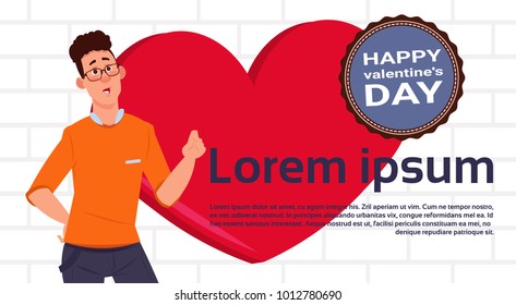 Young Man Over Red Heart Background With Copy Space And Happy Valentines Day Label Flat Vector Illustration