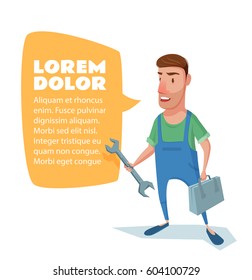 Young man in overalls cartoon style. A repairman, a plumber, a mechanic with a wrench and a tool box. Vector illustration on white background.
