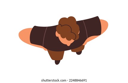 Young man overhead, top view. Guy character standing in hands on hips, waist pose, waiting. Male head with curly hair, person from above. Flat vector illustration isolated on white background