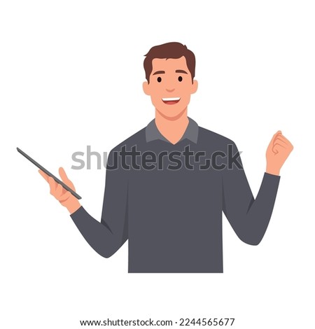 Young man Overjoyed look at viewer make yes hand gesture excited with good result. Smiling guy triumph holding phone or tablet. Flat vector illustration isolated on white background