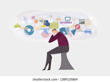 Young man overloaded with problems, work, life, making designs. Pressure and stress of modern life  