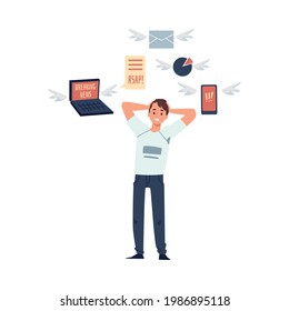 Young man overloading of information and data. Male character experience stress and tired due to lot of breaking news and urgent messages. Vector cartoon flat isolated illustration