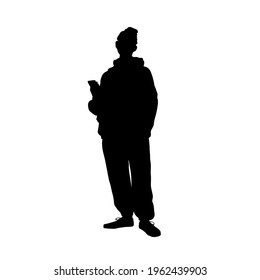 Young Man In Oversized Field Jacket. Isolated Sillhouette. Boy With Phone