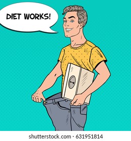 Young Man in Oversized Jeans with Weights Happy of Dieting Results. Healthy Lifestyle. Pop Art vector illustration