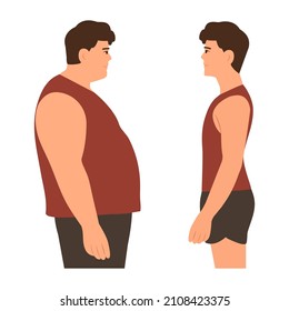 Young man with overweight and slim body in sportswear.  Before and After Weight Loss. Vector illustration Isolated on white.