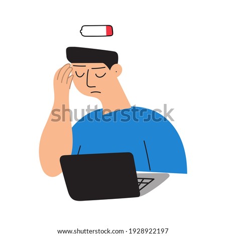 Young man overworked and have low energy at workplace. Vector illustration.