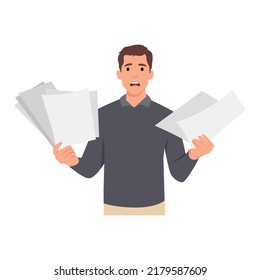 Young man overworked having a lot of paperwork. Caucasian businessman surrounded by lots of papers . Flat vector illustration isolated on white background