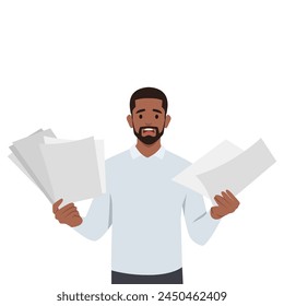 Young man overworked having a lot of paperwork. Flat vector illustration isolated on white background