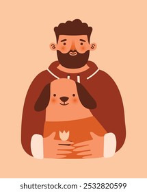 Young man owner of dog hugging this cute dog. Care about pet. Adopt don't shop. Naive illustration with male person and domestic animal. Cartoon clip art for card, banner, sticker. Kawaii charcters.