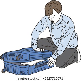 Un joven empacando frente a su maleta