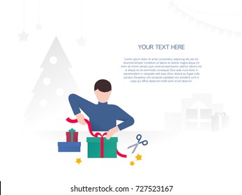 Young man are packing xmas gifts to wrapping paper and red ribbon. Preparation to celebration Christmas and New Year. Flat vector illustration with place for your text. Horizontal banner