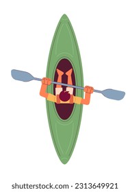Young man with paddle sitting in canoe top view semi flat colorful vector character. Kayak water sports. Editable full body person on white. Simple cartoon spot illustration for web graphic design