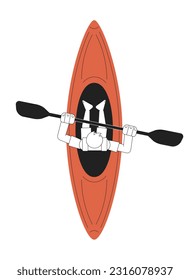 Young man with paddle sitting in canoe top view monochromatic flat vector character. Kayak sports. Editable thin line full body person on white. Simple bw cartoon spot image for web graphic design