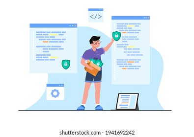 Joven con candado a la seguridad de los datos en línea, seguridad de Internet e idea de protección, datos de acceso a software como confidenciales, ilustración vectorial plana aislada