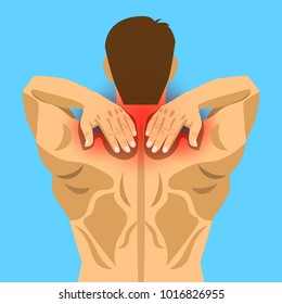 Young man with painful neck and shoulder, muscle injury, neck massage, cartoon flat-style vector illustration.