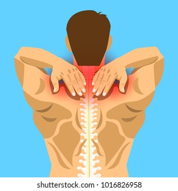 Young Man With Painful Neck And Shoulder, Muscle Injury, Neck Massage, Cartoon Flat-style Vector Illustration.