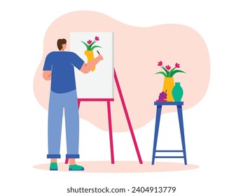 Young man painting during an artistic class at an art university. Character design. Vector flat illustration