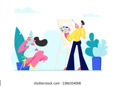 Young Man Painting Portrait of Beautiful Girl with Flower in Hands Sitting in Front of Easel. Artist Holding Paints Palette, Woman Posing, Outdoor Creative Hobby, Art, Cartoon Flat Vector Illustration