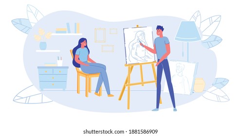 Young Man Painting Portrait of Beautiful Girl Sitting in Front of Easel in Workshop. Artist Holding Brush Creating Art, Woman Posing for Master. Creative Hobby or Job. Cartoon Flat Vector Illustration
