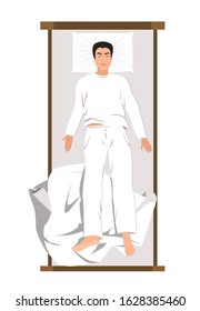 Young man in pajama sleeping in bed at home. Top view, vector illustration