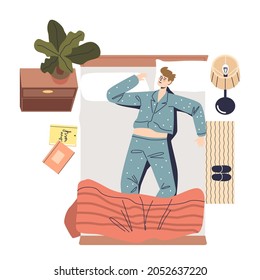 Young man in pajama sleeping in bed in comfortable position. Male cartoon character napping or daydreaming relaxed in bedroom. Flat vector illustration