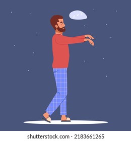 Young man in pajama sleepwalking at night. Somnambulist walking in his dream with raised hands. Somnambulism concept. Flat vector illustration isolated on blue background