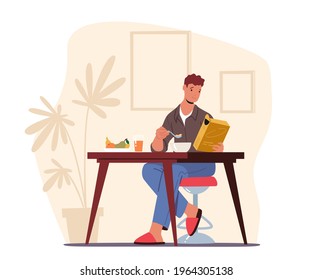 Young Man in Pajama and Slippers Have Breakfast at Home Sitting at Table Drinking Juice and Eating Dry Snack. Male Character Morning Everyday Routine, Lifestyle. Cartoon Vector Illustration