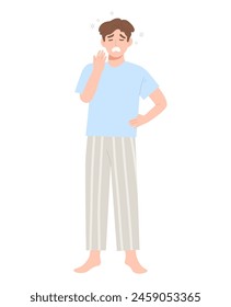 Young man in pajamas yawning with a sleepy face because waking up early at morning, or man sleepy at night. Concept of bedtime, morning wake up, drowsy. Flat vector illustration character.