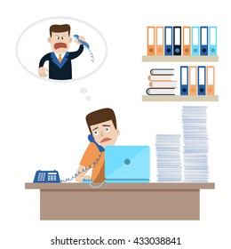 Young Man With Paper Pile On The Table Answering The Call Of Angry Boss Or Customer. Concept For Lots Of Work, Bad Superiors, Stressful Occupation. Vector Flat Illustration, Cartoon Style.