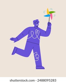 Young man with paper pinwheel in hand. Colorful vector illustration
