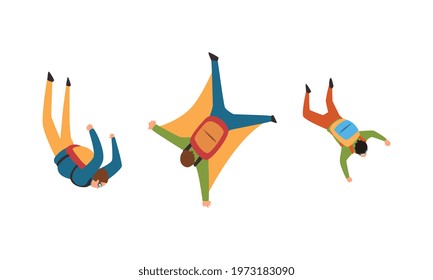 Young Man Parachutist Streamer Free-falling in the Air with Parachute Bag Vector Set