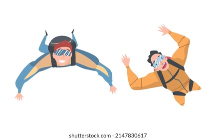 Young Man Paratrooper Free-falling in the Air with Parachute Vector Set