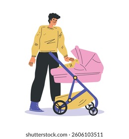 Young Man Parent Walking with Baby Carriage Vector Illustration