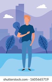 young man in park nature characters vector illustration design